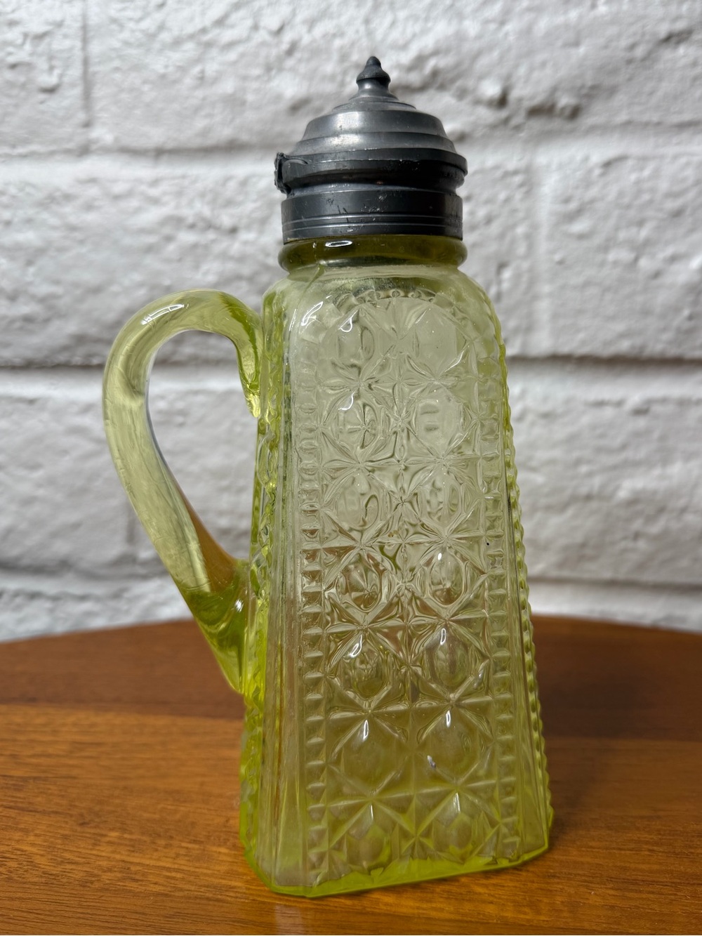 Antique Fluorescent Uranium Glass Syrup Pitcher with Pewter Lid